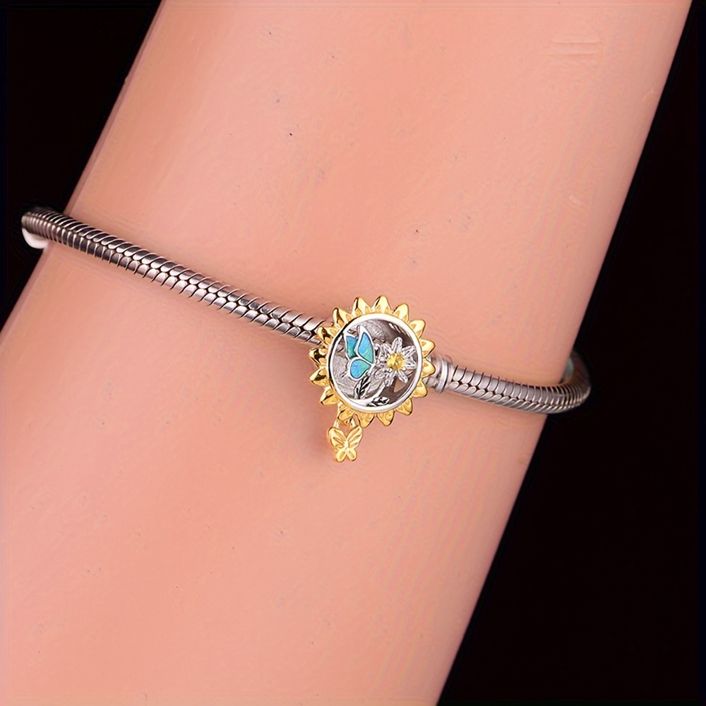 925 Sterling Silver Sunflower Charm Bead, 14K Gold Plated